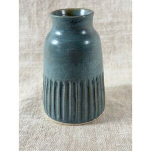 Minimalist Blue Gray Ceramic Vase Ribbed Texture Modern Rustic Bud Vase